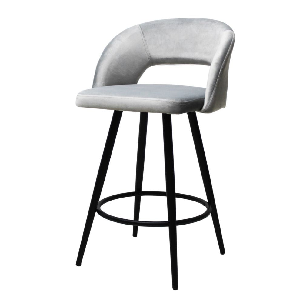 Banco bajo Kingstrong Cádiz con asiento y respaldo tapizados en tela y base de metal en acabado mate.