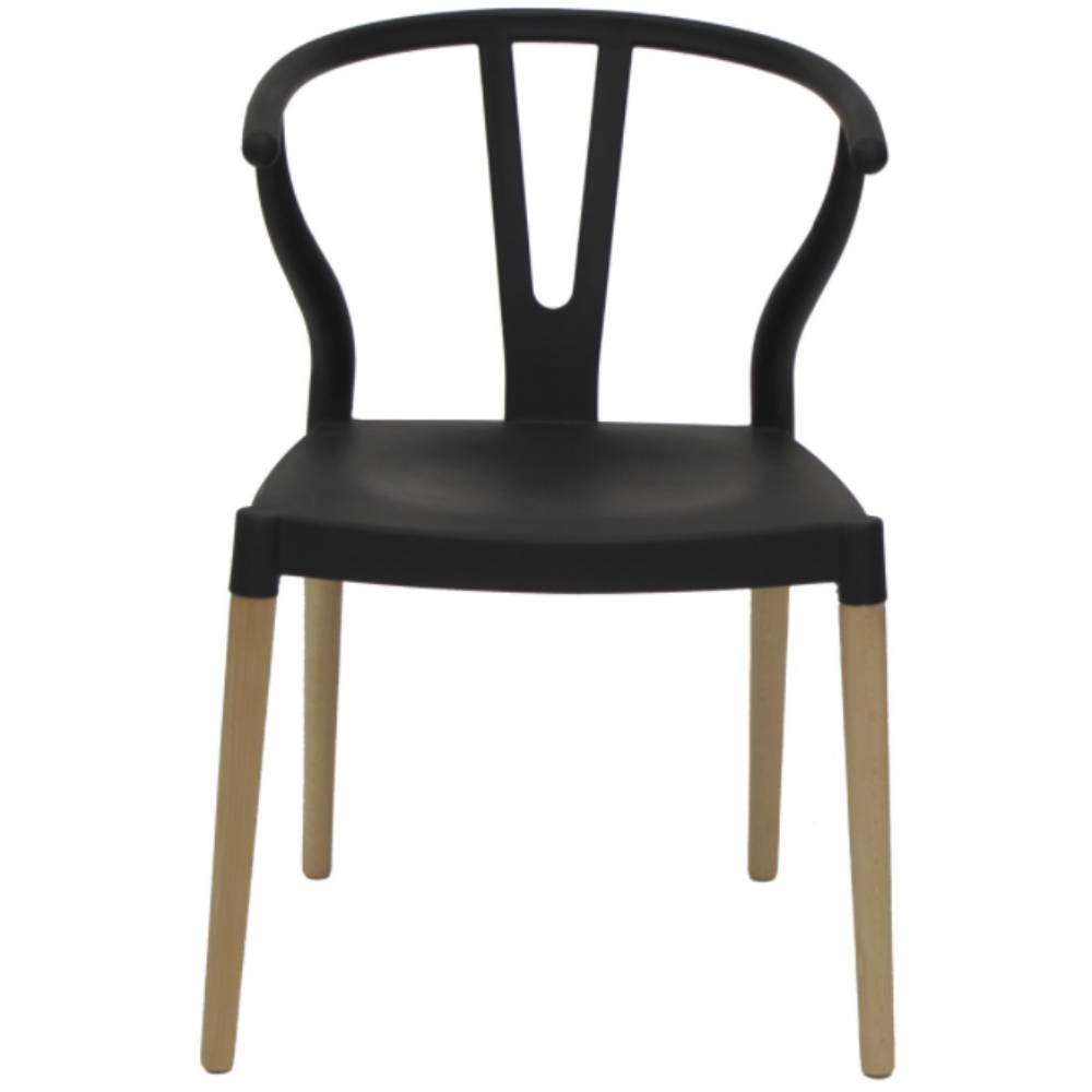 Silla comercial Copenhague con concha negra de polipropileno y patas de madera de haya