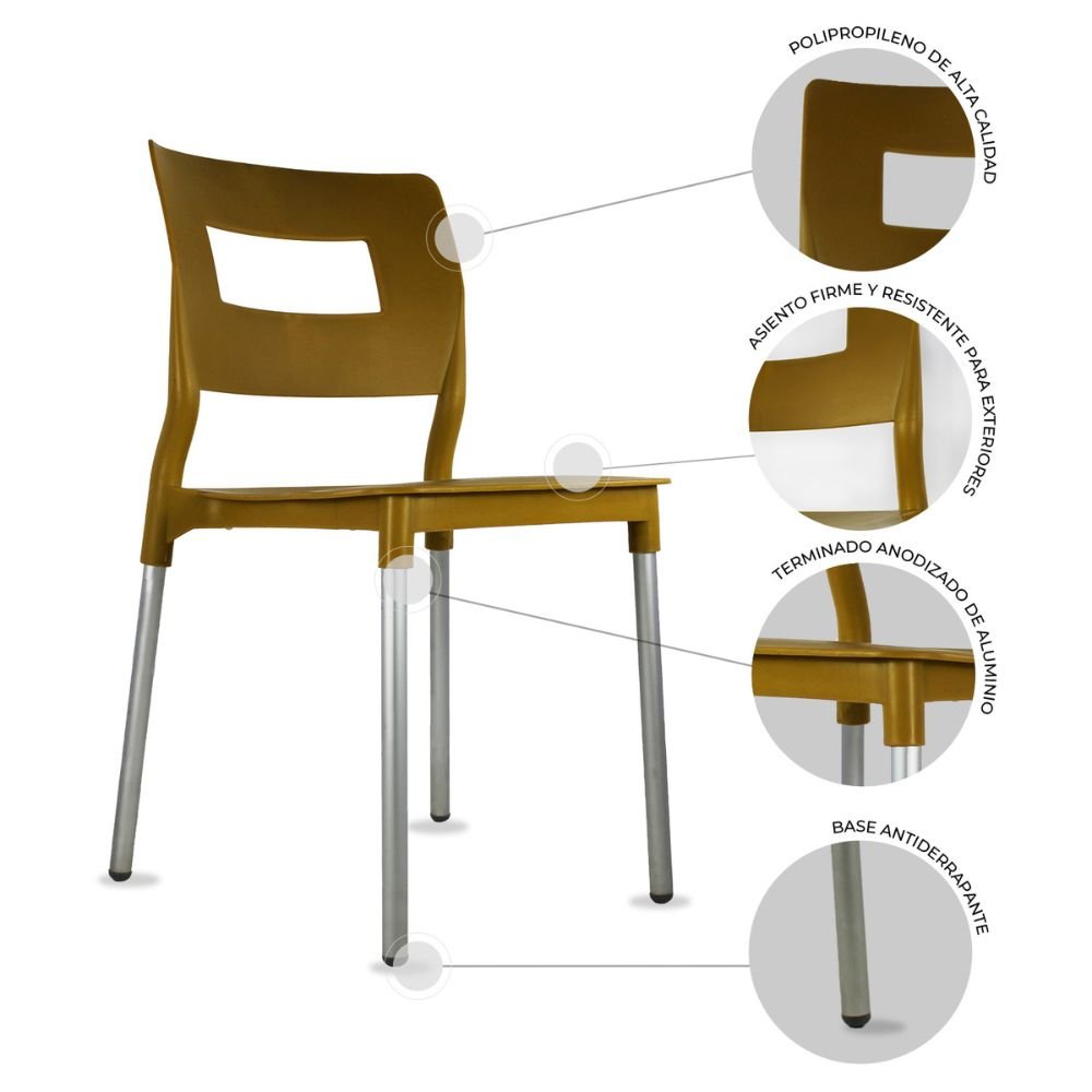 Silla comercial bistró Kingstrong JM Valenia en polipropileno con soportes anodizados