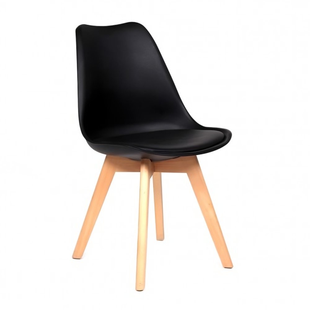 Silla Catarina con asiento tapizado en vinipiel, concha de polipropileno y patas de madera de haya