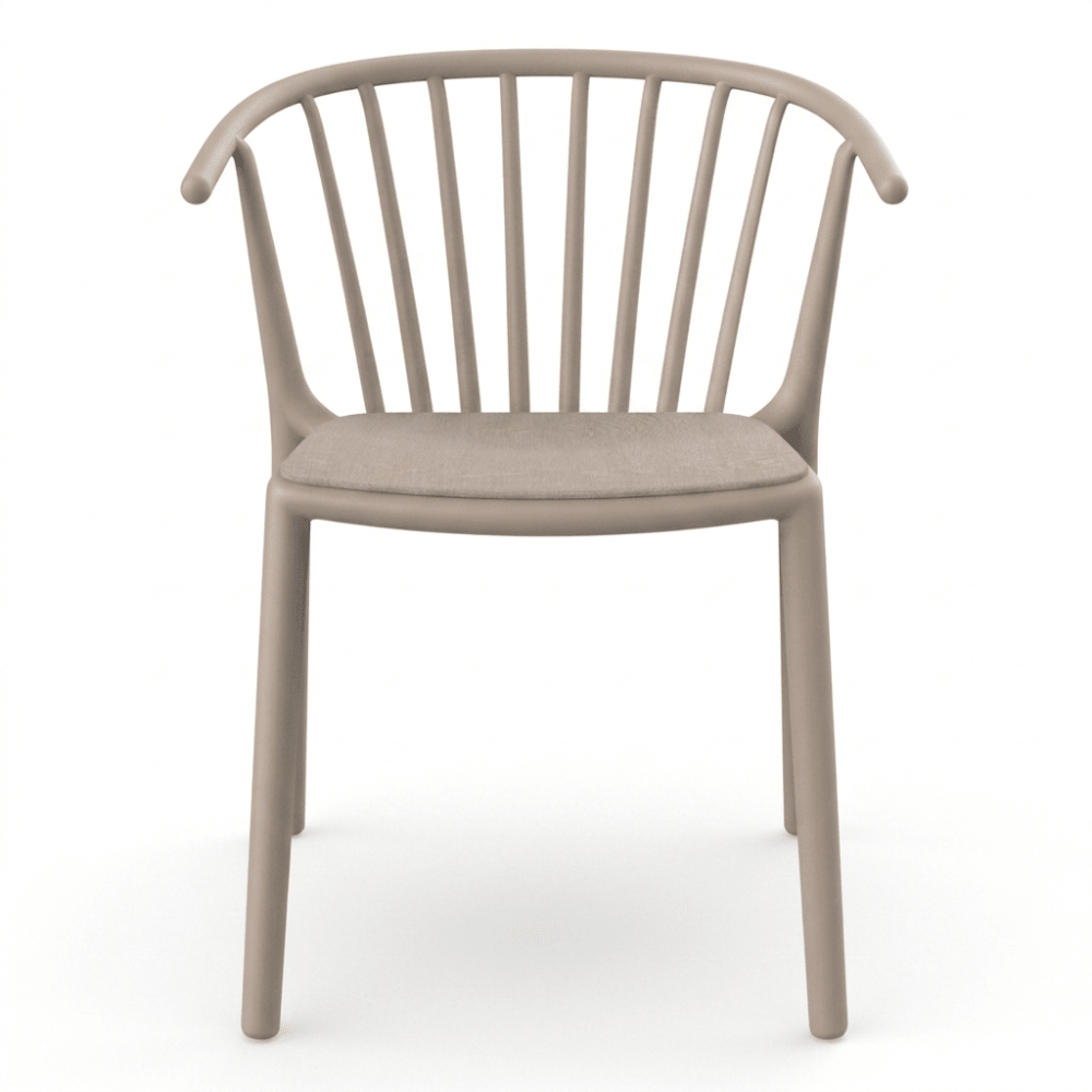 Silla comercial RESOL WOODY con brazos y asiento tapizado en Sunbrella