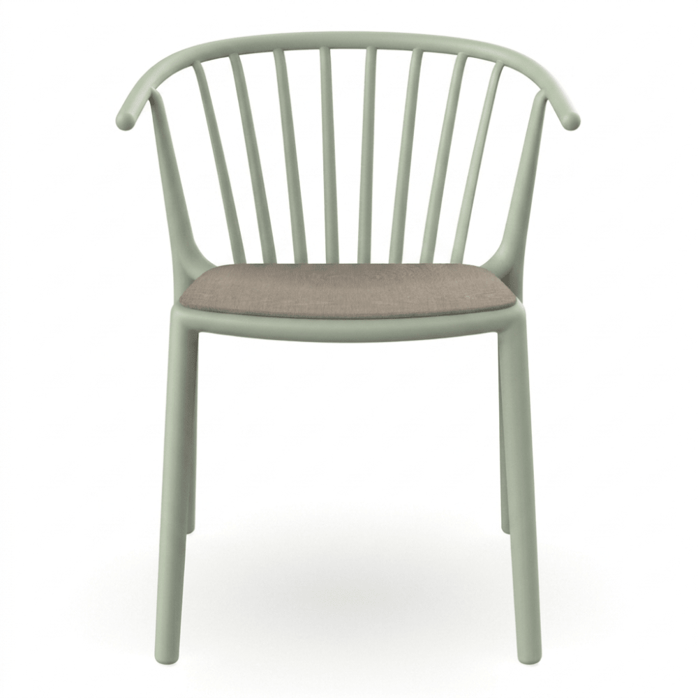 Silla comercial RESOL WOODY con brazos y asiento tapizado en Sunbrella