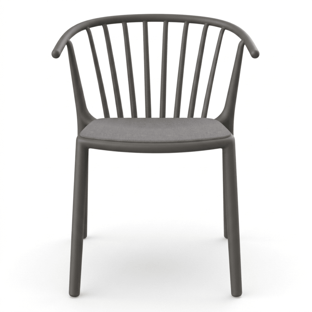 Silla comercial RESOL WOODY con brazos y asiento tapizado en Sunbrella