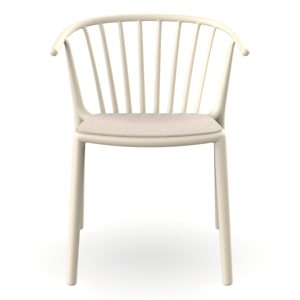 Silla comercial RESOL WOODY con brazos y asiento tapizado en Sunbrella