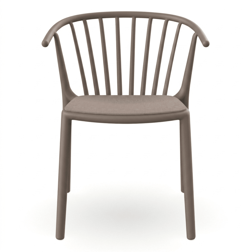 Silla comercial RESOL WOODY con brazos y asiento tapizado en Sunbrella