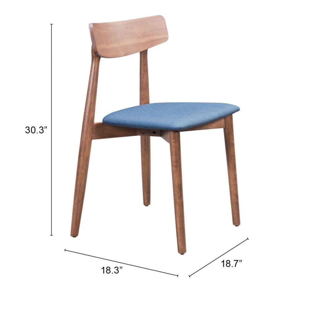 Silla comercial Zuo Newman azul con asiento tapizado y estructura de madera enchapada en nogal