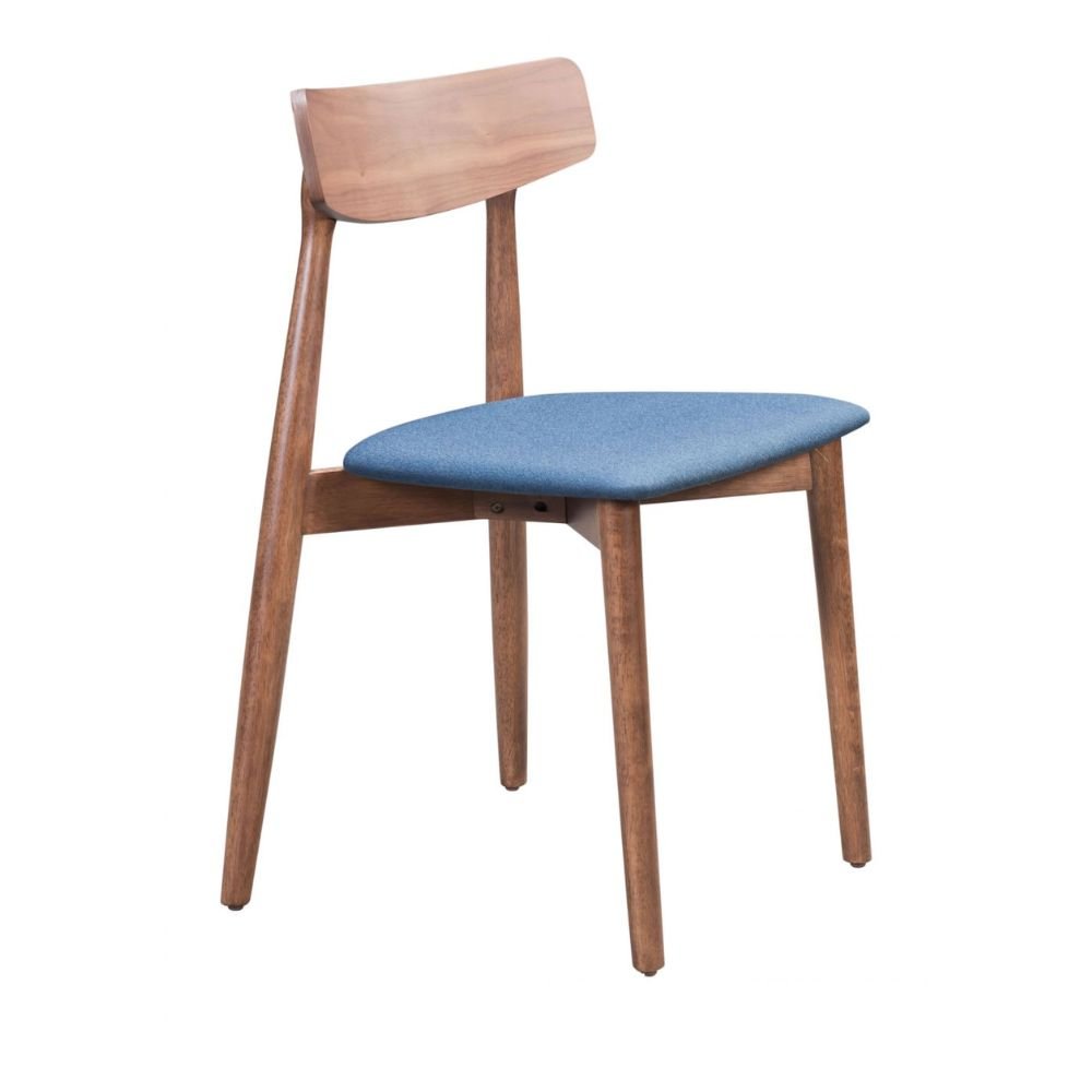 Silla comercial Zuo Newman azul con asiento tapizado y estructura de madera enchapada en nogal