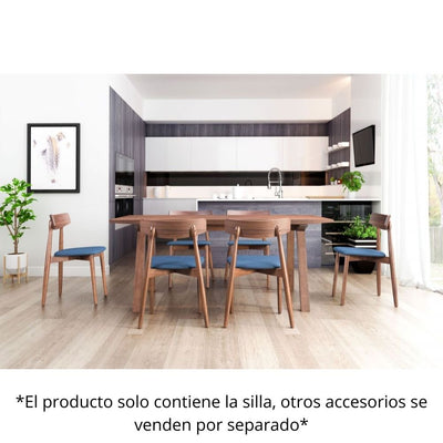 Silla comercial Zuo Newman azul con asiento tapizado y estructura de madera enchapada en nogal