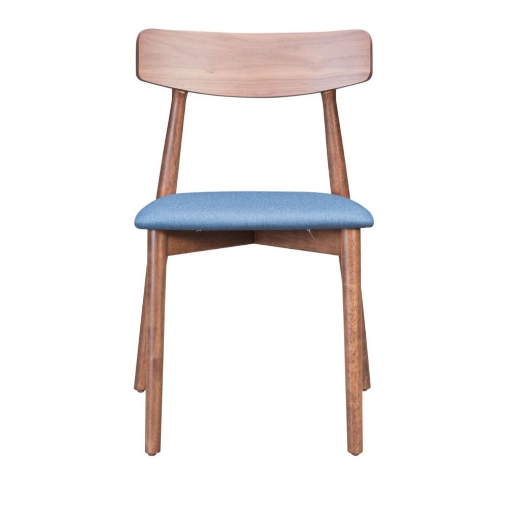 Silla comercial Zuo Newman azul con asiento tapizado y estructura de madera enchapada en nogal