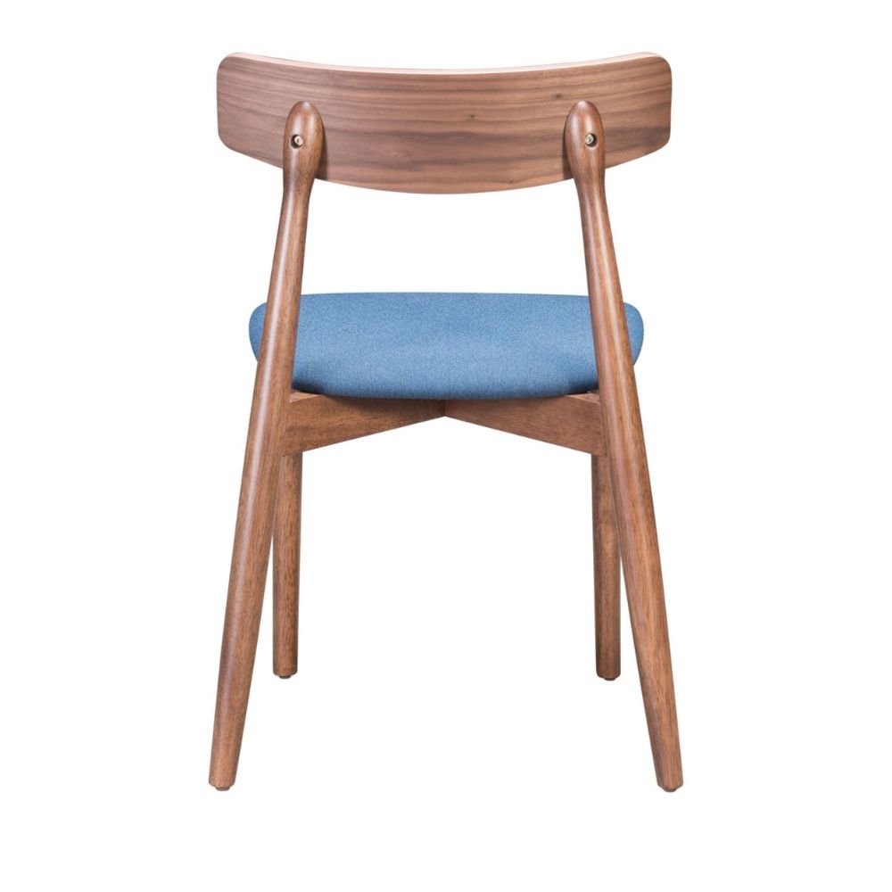 Silla comercial Zuo Newman azul con asiento tapizado y estructura de madera enchapada en nogal