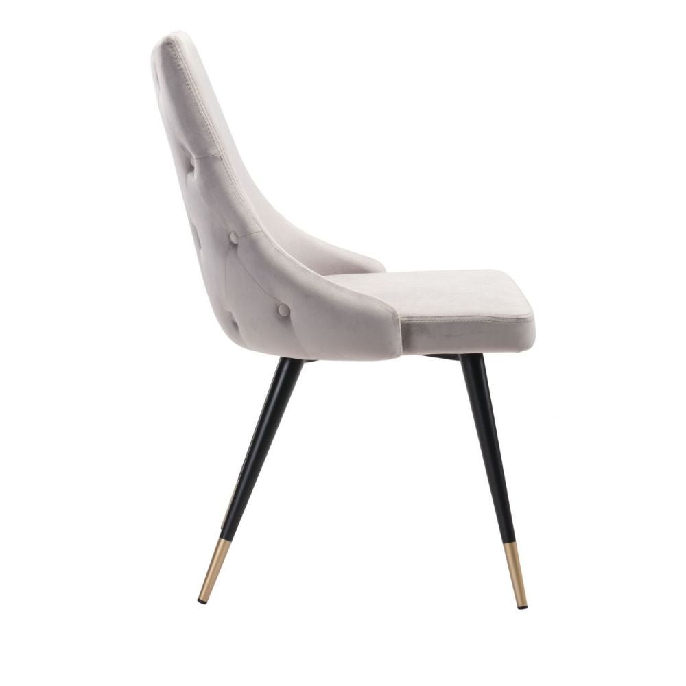 Silla comercial Zuo Piccolo tapizada en terciopelo gris con patas de acero y latón cepillado
