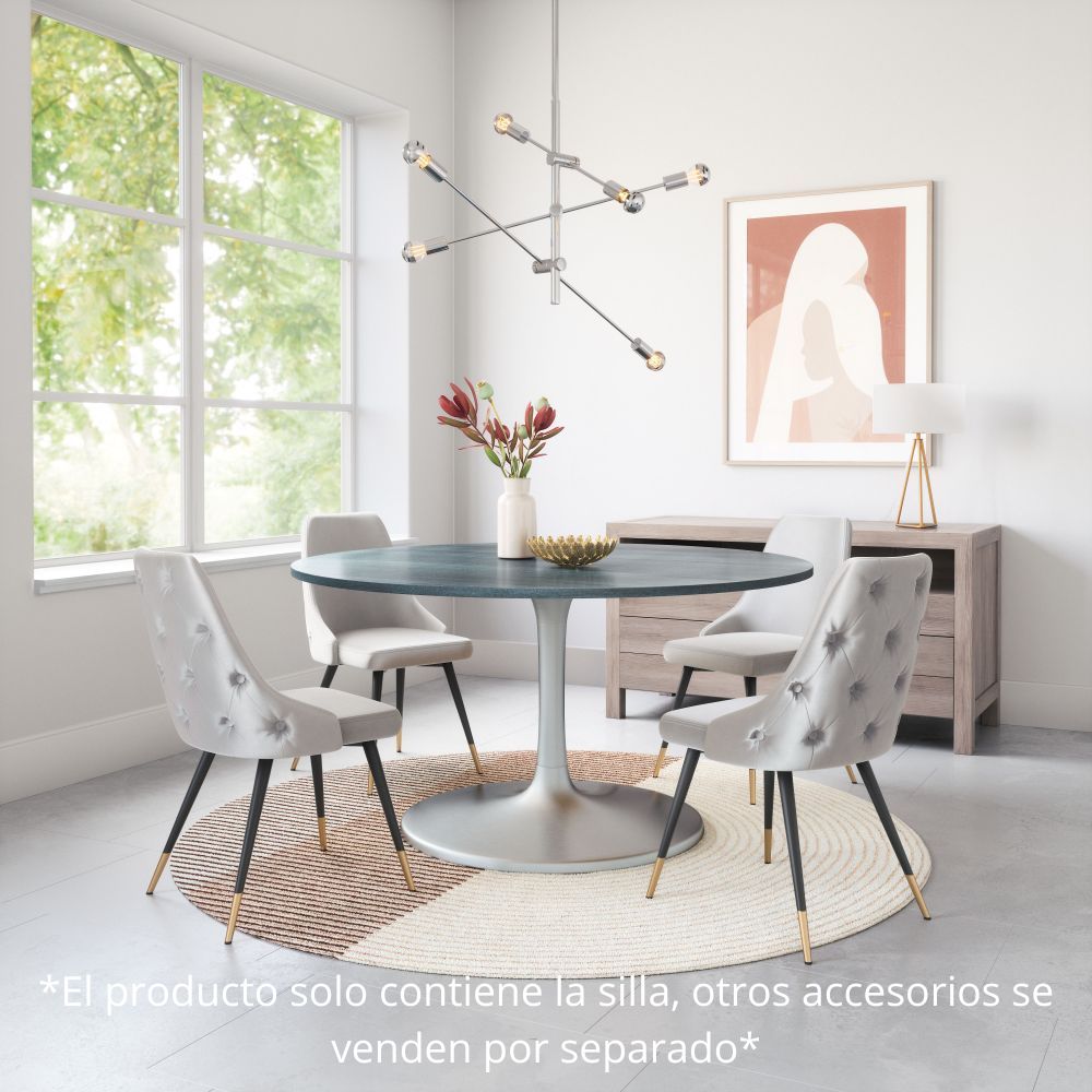 Silla comercial Zuo Piccolo tapizada en terciopelo gris con patas de acero y latón cepillado