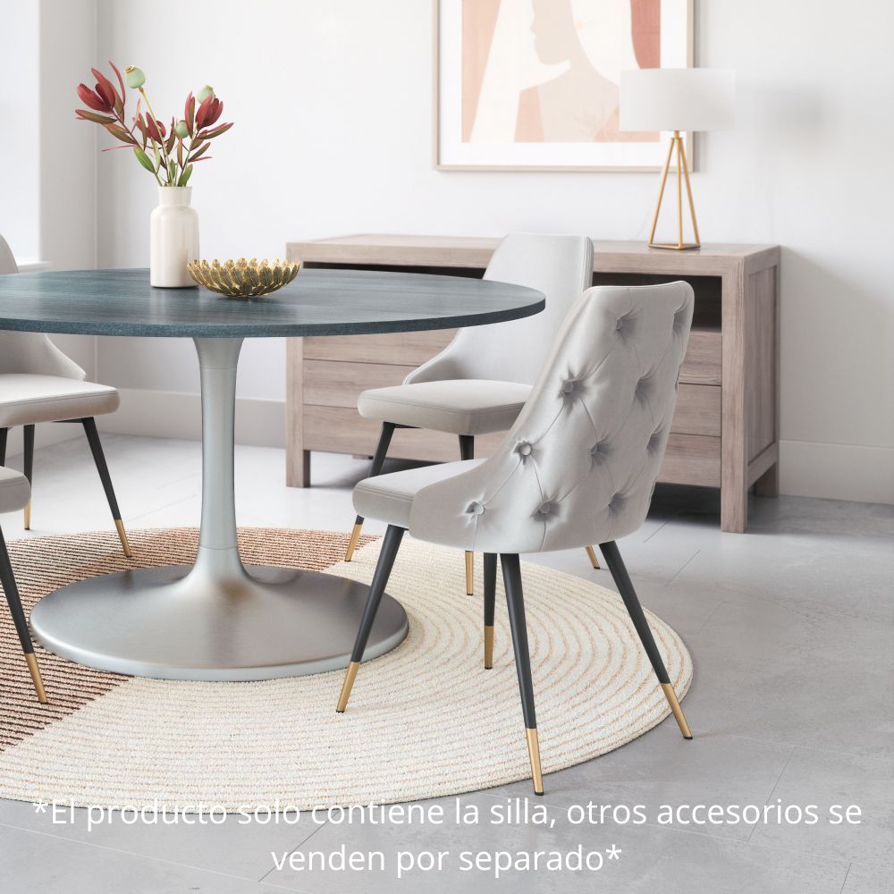 Silla comercial Zuo Piccolo tapizada en terciopelo gris con patas de acero y latón cepillado