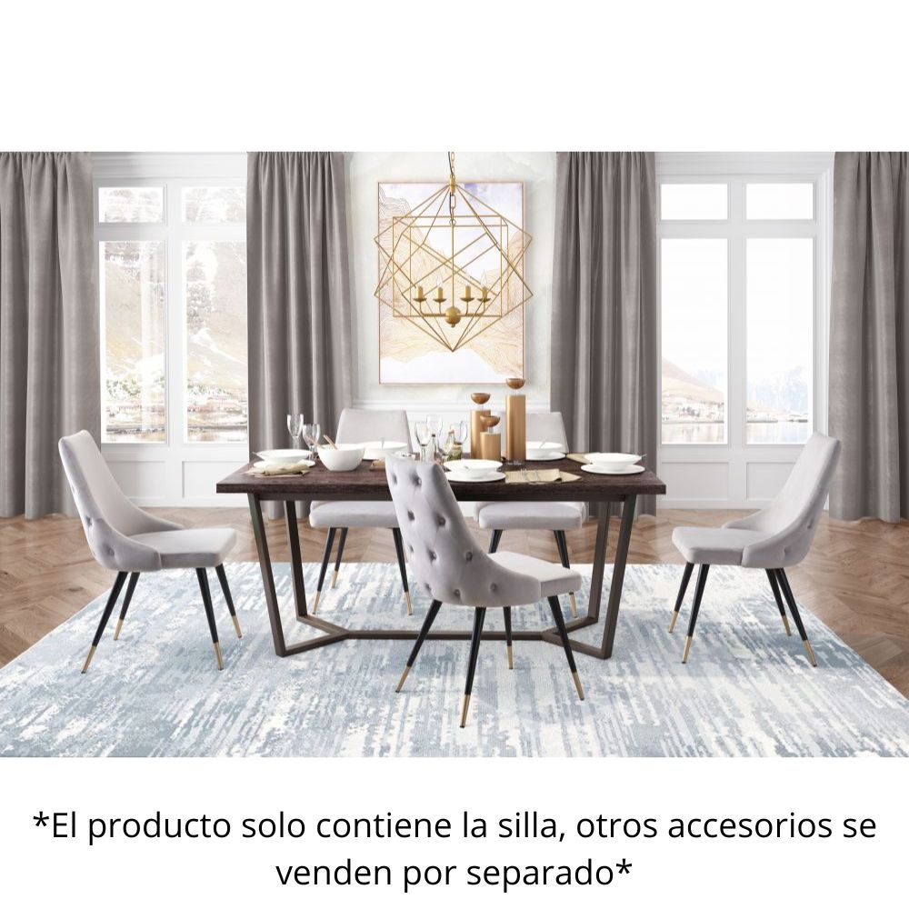 Silla comercial Zuo Piccolo tapizada en terciopelo gris con patas de acero y latón cepillado