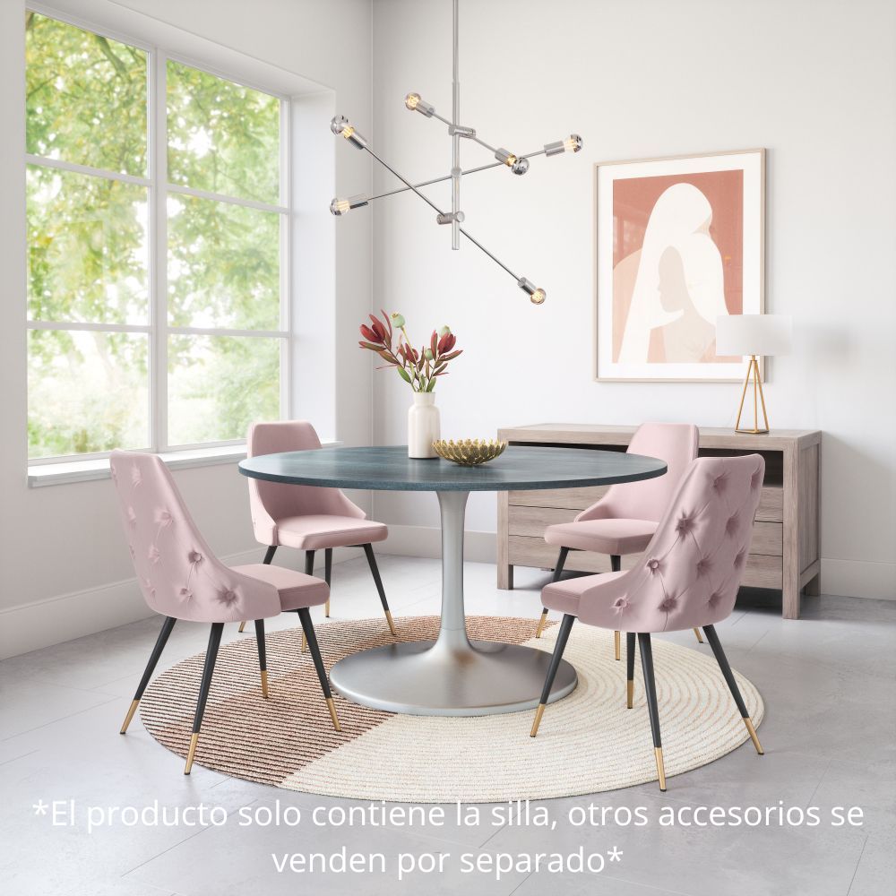 Silla comercial Zuo Piccolo rosa tapizada en terciopelo con patas de acero y detalle en latón