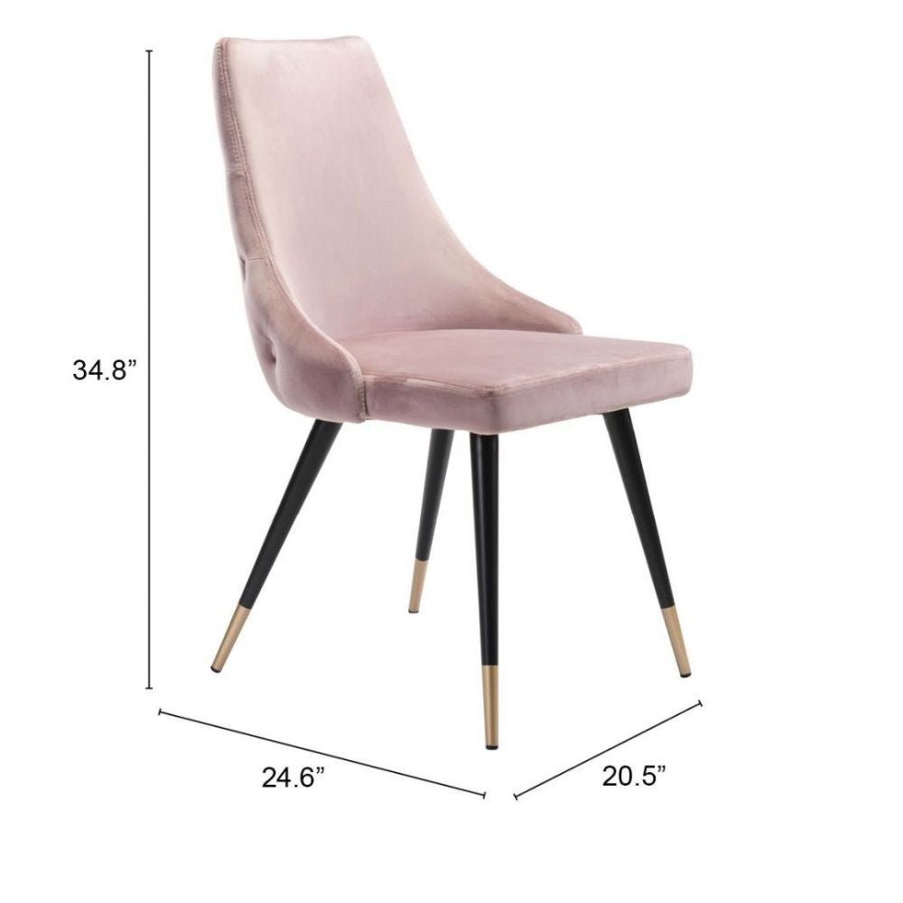 Silla comercial Zuo Piccolo rosa tapizada en terciopelo con patas de acero y detalle en latón