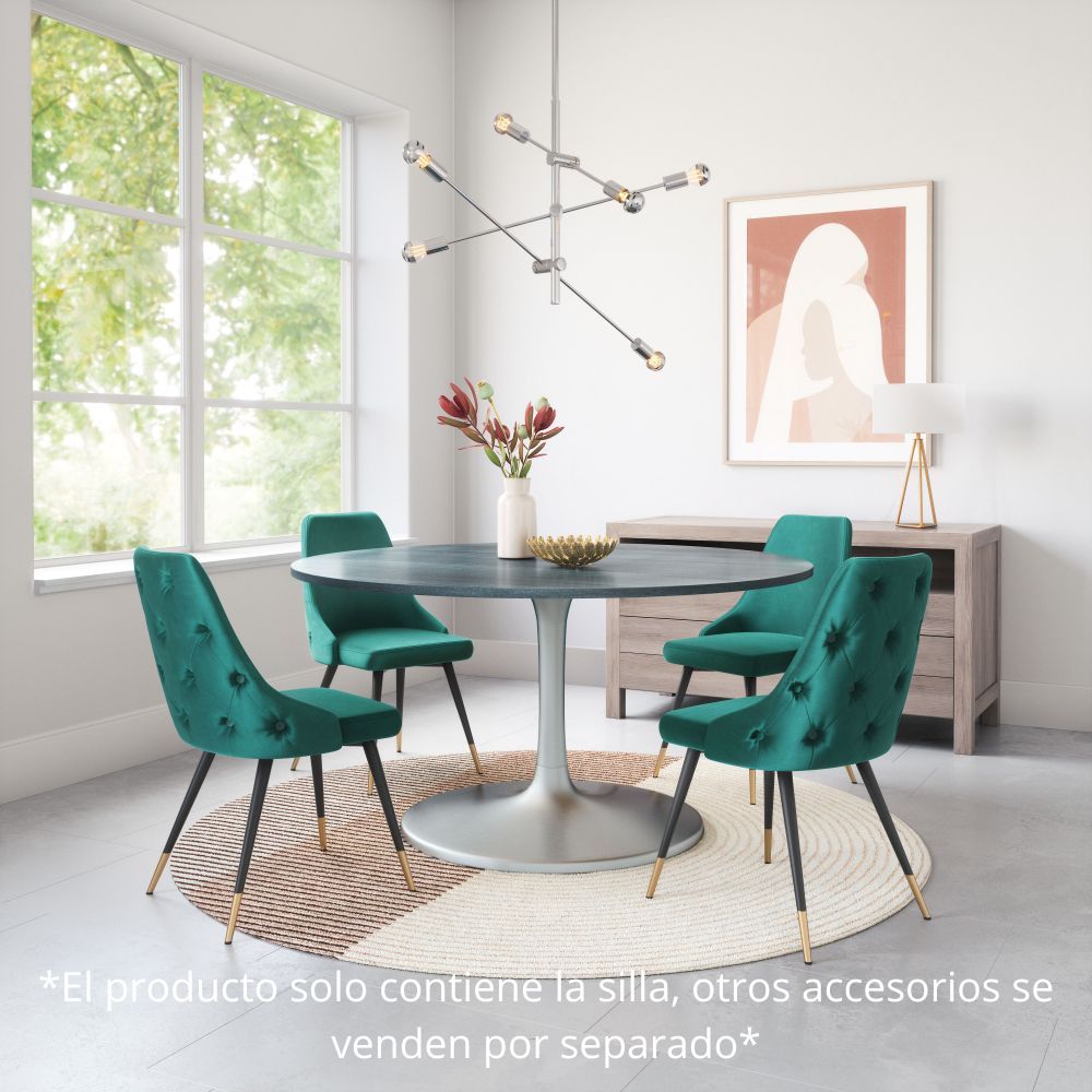 Silla comercial Zuo Piccolo verde tapizada en terciopelo con patas de acero terminadas en latón cepillado