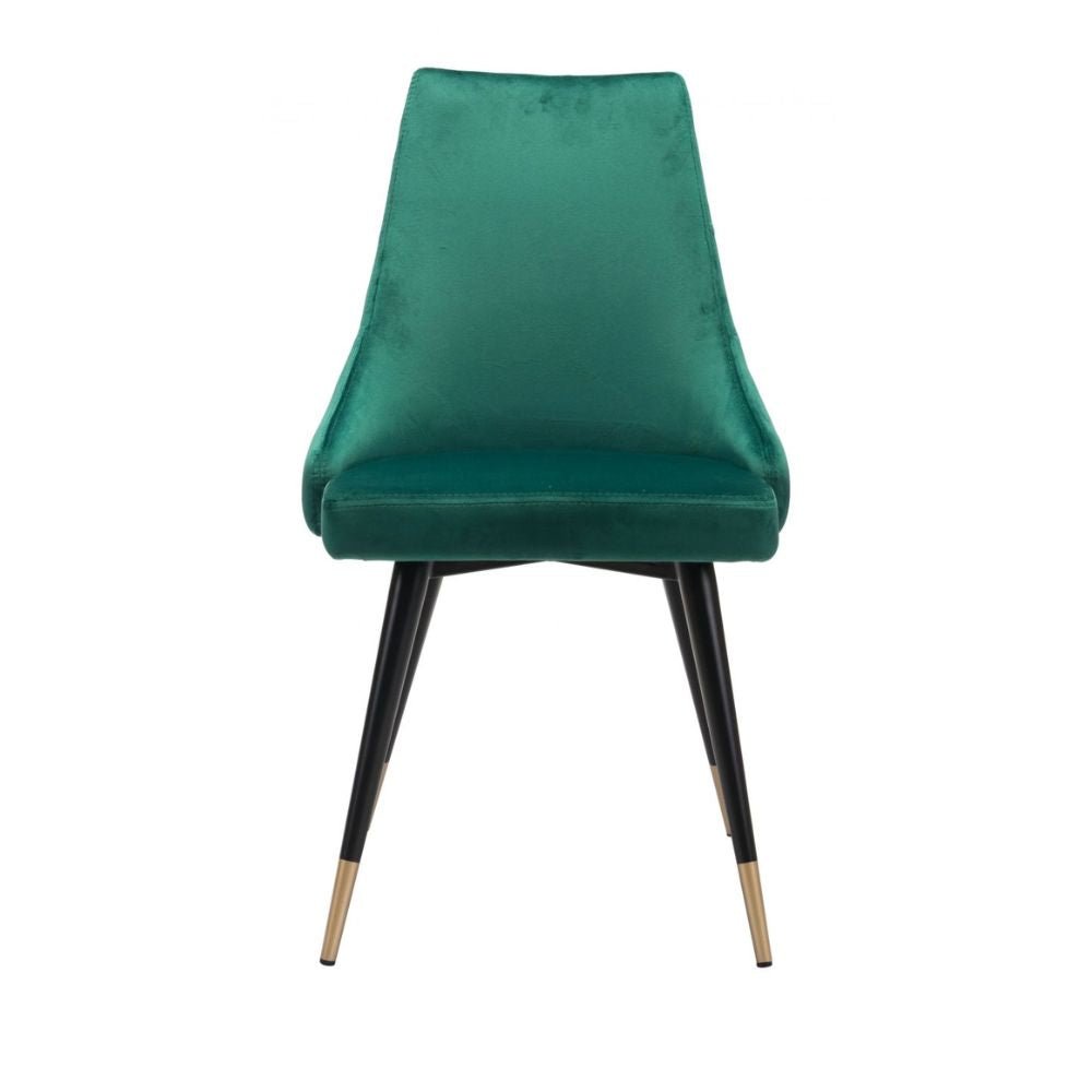 Silla comercial Zuo Piccolo verde tapizada en terciopelo con patas de acero terminadas en latón cepillado
