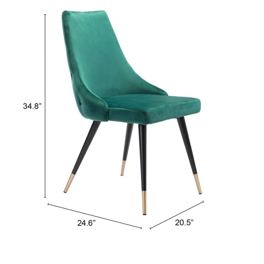 Silla comercial Zuo Piccolo verde tapizada en terciopelo con patas de acero terminadas en latón cepillado