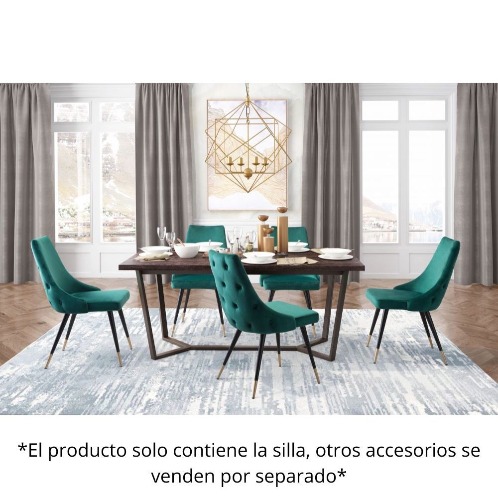 Silla comercial Zuo Piccolo verde tapizada en terciopelo con patas de acero terminadas en latón cepillado