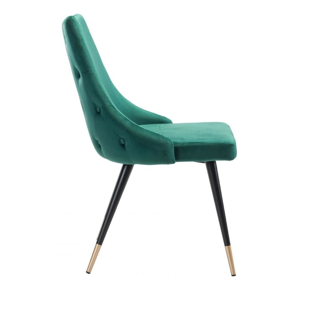 Silla comercial Zuo Piccolo verde tapizada en terciopelo con patas de acero terminadas en latón cepillado