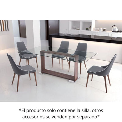 Silla comercial Zuo Moor gris tapizada en polipiel con respaldo de ala y base de madera acabado nogal