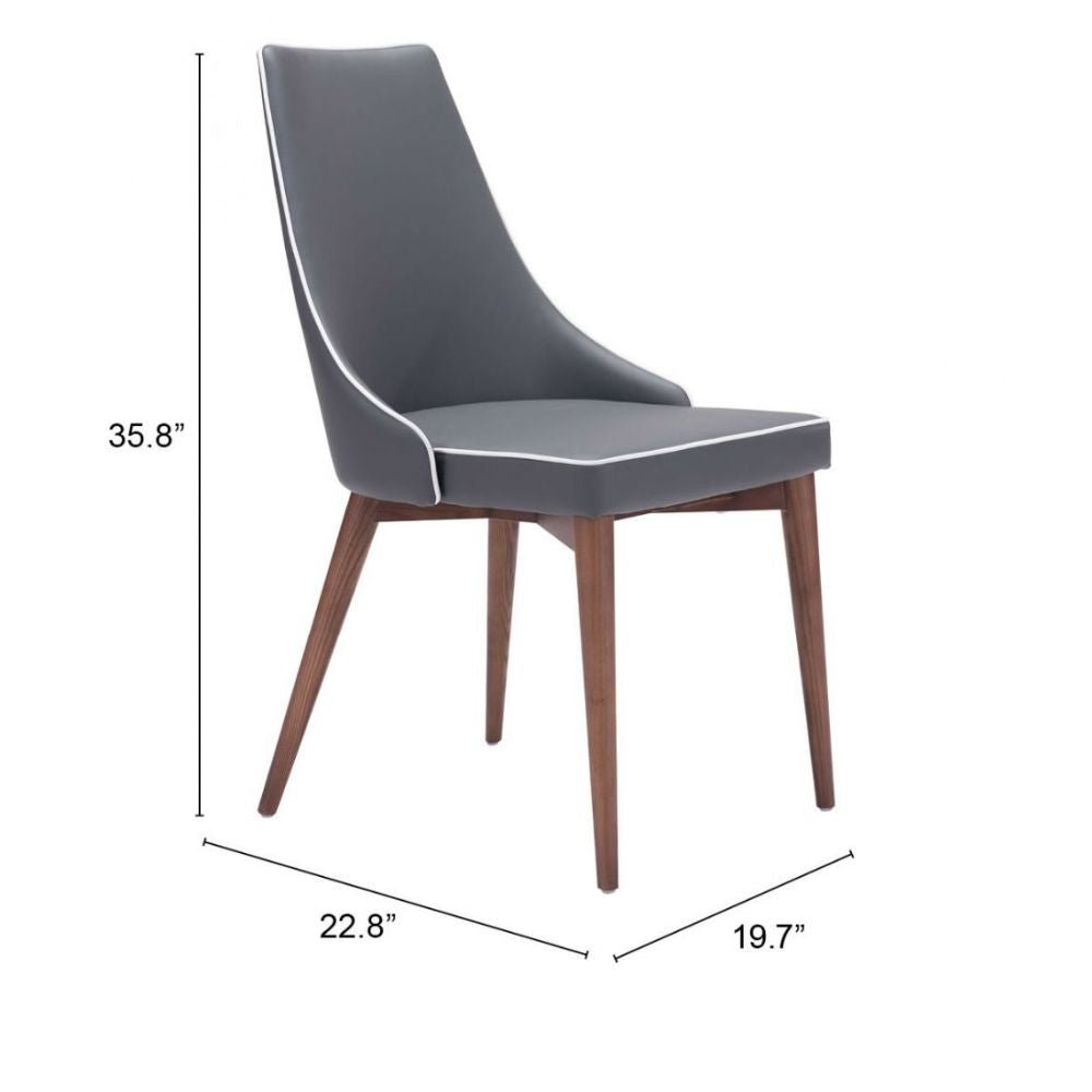 Silla comercial Zuo Moor gris tapizada en polipiel con respaldo de ala y base de madera acabado nogal