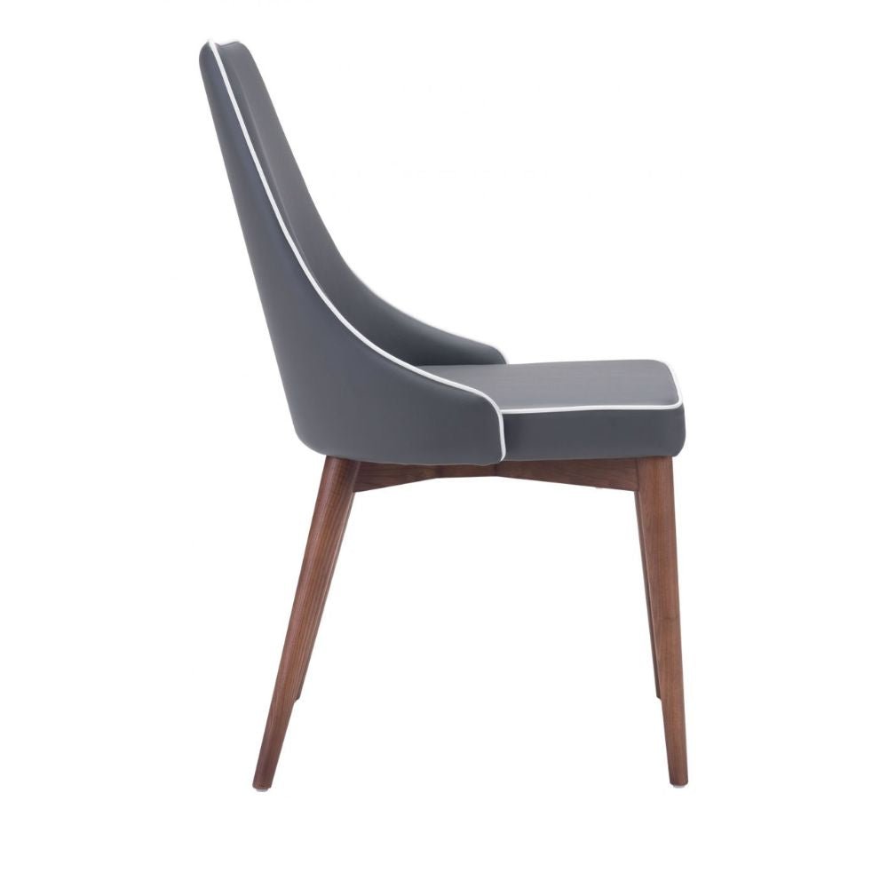 Silla comercial Zuo Moor gris tapizada en polipiel con respaldo de ala y base de madera acabado nogal