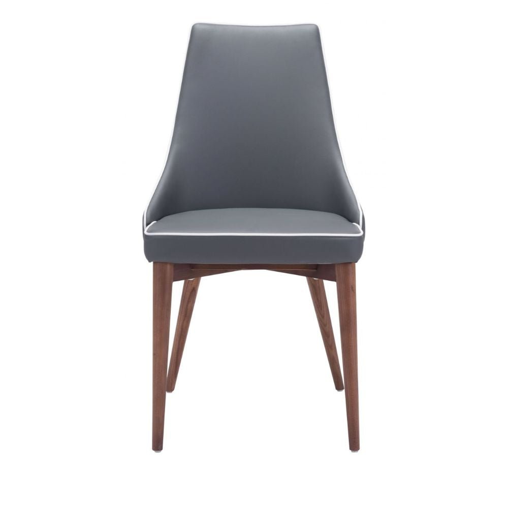 Silla comercial Zuo Moor gris tapizada en polipiel con respaldo de ala y base de madera acabado nogal